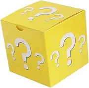 AIMALL 50PCS Mystery Blind Boxes – 13x13x13cm Foldable Yellow Cardboard Surprise Packaging with Question Mark Design for Party Favours, Prizes, Toys and Event Storage