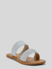 Melrose Ave Vegan Leather Two Strap Flat Slide Sandals, White, Size 10
