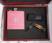 5 Bridesmaid Gift Sets, Pink Flask, Folding Pocket Knife, Maid of Honor gift