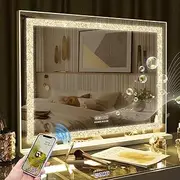 FENCHILIN Vanity Mirror Crystal Crushed Diamond 31.5" x 22.8" Makeup Mirror with Bluetooth Speaker Large Hollywood Mirror with Dimmable LED Light Strip USB Charge Port 3 Color Modes White