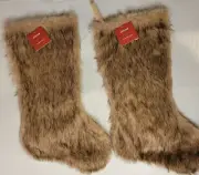 Set Of 2 Faux Fur Christmas Stockings Country Rustic Farmhouse Brown At Home