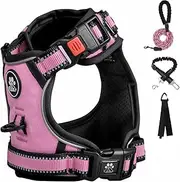 FURRYFECTION Dog Harness | No Pull Dog Harness | Reflective Oxford | Padded Handle | 4 Adjustable Straps | 2 Leash Clips | No Choke Pet Vest Harness for Small Medium Large Dogs | Pink | L
