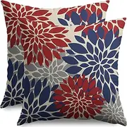 4th of July Pillow Covers 18X18 Inch Set of 2, Patriotic Blue Red Grey Modern Dahlia Floral Print Holiday Decorative Throw Pillow Covers Outdoor Farmhouse Cushion Case for Couch Sofa Bed Decor