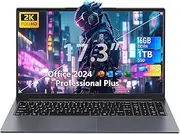 Fsjun Office 2024 / Win11 Pro: 17.3 inch Laptop, Celeron N150 up to 3.6 GHz, 2K FHD IPS Display, 16 GB RAM, 960 GB NVMe SSD, Illuminated Keyboard, Large Battery, HDMI, USB 3.0, Type-C, WLAN, PC