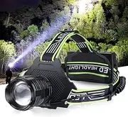 Rechargeable LED Headlamp, 100000 High Lumens Headlamp Super Bright with 5 Modes, IPX7 Waterproof, 90° Adjustable, Zoomable Head Lamp Flashlight for Outdoor Camping, Running, Hiking