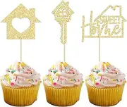Gyufise 24PCS Sweet Home Cupcake Toppers Gold Glitter Key Housewarming Cupcake Picks New Home Theme Party Cake Decorations Supplies