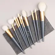Makeup Brush Set 10 Pcs Premium Synthetic Foundation Powder Concealers Eye shadows Blush Dark Grey Makeup Brushes with Dark Grey Storage Bag