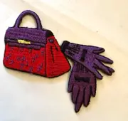 LADIES Red & Purple Purse with gloves Iron On Patch Applique 2.75" w x 2.5" h