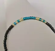 Teal Golden & Black Glass Seed Beads Anklet Boho Beaded Ankle Bracelet For Women
