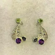 Sajen Peridot Post Earrings with Amethyst and Iolite 1 1/4 In. Long - 11.6 Grams