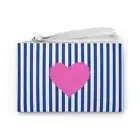 Navy Blue Striped Vegan Leather Clutch Bag with Heart Design, Loop Handle, Zip