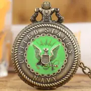 Mens Quartz Pocket Watch Chain U.S. Navy Green Epoxy Military Vintage Style Gift