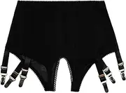 [Luxallacki] Sultry Open-Crotch Mesh Suspender Belt Pull-on Knicker with Adjustable Metal Buckles - For Thigh-High Stockings, Black, L
