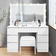 ALFORDSON Makeup Mirror Desk with Storage Drawers and Chair, Dressing Table Stool Set with Adjustable LED Mirror, Dresser Vanity Table Organiser for Dressing Room, White Color