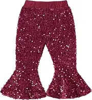 [ODIZLI] Toddler Baby Girls Fall Winter Xmas Pants Velvet Sparkly Sequins Bell Bottom Flare Pants