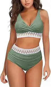 [Generic] Bikini Set for Women Plus Size Bathing Suit Tank Swimsuit Mid Waist Deep V Neck Wide Straps Mesh Back Hook Juniors Bathing Suits with Shorts