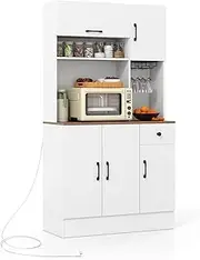 Giantex 167cm Tall Pantry Cabinet w/Hutch & Power Outlets, Kitchen Storage Cabinet with Stemware Rack, Drawer, Adjustable Shelves, Microwave Cabinet for Dining Room (White)