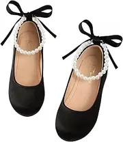 [MEJORMEN] Girls Dress Shoes Toddler Mary Jane Ballet Flats Princess Lace-Up Pearl Ankle Strap Dress Shoes for Flower Girls Wedding Party School