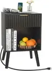 Fluted Black Nightstand with Charging Station, Mid Century Modern Bedside Table