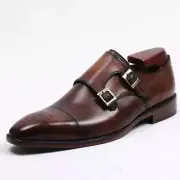 New Handmade Men's Brown Leather Chiseled Toe Double Monk Dress Formal Shoes
