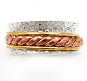 Three Tone Meditation Spinner 925 Sterling Silver Band Ring Sz 8,
