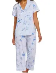 Loft Women's Notch Collar Short Sleeve and Drawcord Sleep Capri Pant Set XL Blue