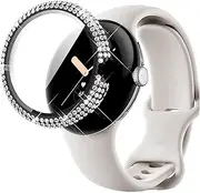Compatible for Google Pixel Watch Case Full Diamond Hard PC Plating Bumper with Tempered Glass Screen Protector Bling Crystal Diamonds Shiny Glitter Frame Case Cover for Google Pixel Watch (Black)