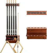 EXTCCT Wall Mount Pool Stick Holder - Billiards Pool Cue Rack Hardwood Pool Cue Set Holder for 6 Cues Sticks Storage Pool Table Accessories Equipment Organizer, Hold 6 Cue Brown