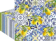 Fitumiw 80Pcs Blue Tiles Lemon Paper Napkins Serviettes Summer Fruit Disposable Napkins Lemon Printed Decorative Napkins for Party Supplies Table Decor