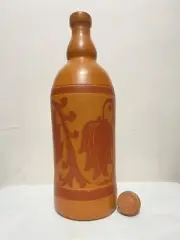 Handmade Clay Terracotta Pottery Water Bottle Carved Design Natural with Lid Eco