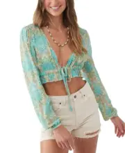 O’Neill Womens Alena Tie Front Crop Top, Multi, Small