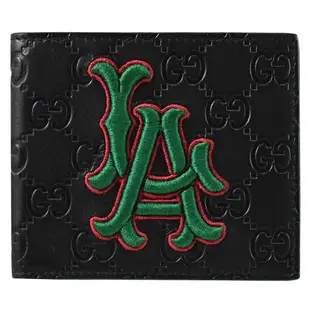 GUCCI LA Dodgers刺繡造型雙G LOGO牛皮八卡對開短夾(黑)