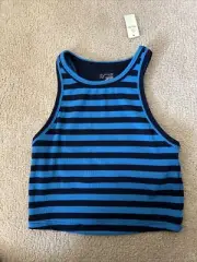 Offline By Aerie Ribbed Cropped Tank Top Striped Lined Black Blue Small