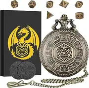 Mini DND Dice Set, Pocket Watch Case with Center Number Dice, 7 Piece Polyhedral Metal D&D Dice Set, Dungeons and Dragons Gifts with Gift Box, Role Playing Board Game Accessories, Bronze