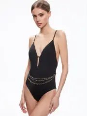 Alice + Olivia 'Gwyn' Gold Chain Belt One-Piece Bathing Suit in Black sz XL NWT
