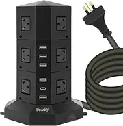 [Powerjc] Tower Power Strip USB Surge Protector Socket 12 AC Outlets with 5 USB or 1 USB C PD 35W totals 6A Ports Chargers 2M Long Extension Cord SAA Certified Black