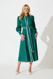 Lilyfield Midi Shirt Dress Full Length Sleeve in Green Emerald with Contrast Trim Cotton 8