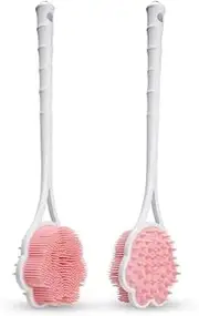 15.7 - inch Long - handle Silicone Back Brush, a dual - purpose back brush for showering With ultra - soft silicone bristles, it's a bear - shaped body shower brush that can be hung to dry Ideal for scrubbing the back and suitable for sensitive skin (Pink)