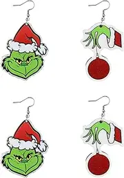[XNHIU] 2 Pairs Christmas Grinch Earrings Classic Christmas Earrings Wooden Monster Grinch Earrings Grinch Dissymmetry Christmas Jewelry for Xmas New Year Party Decorations, Wood