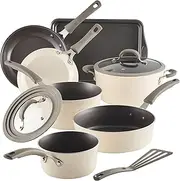 [Rachael Ray] Cook + Create Nonstick Cookware Pots and Pans Set, Includes Baking Sheet Pan and Cooking Utensil, 10 Piece - Almond