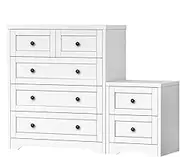 ALFORDSON Chest of 5 Drawers Dresser＆2 Drawers Bedside Table Combo Set, Wooden Hamptons Tallway Dresser,Storage Cabinets for Hallway, Entryway, Bedroom, Living Room, White