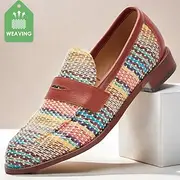 Men's Multicolor Woven Penny Loafers – Vintage Nylon Knit Slip-On Dress Shoes for Smart Casual Outfits