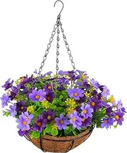 Artificial Flowers Hanging Basket for Outdoor/Indoor, Fake Flower Arrangement, Artificial Geranium Flowers in 11'' Basketfor Home Garden Patio Yard Porch Lawn (Purple)
