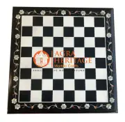 15" Black Marble Chess Side Center Top Table Inlay Stone Furniture Decor E1203