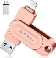 Vefsna MFi Certification USB Stick 256 GB, Flash Drive for iOS, Pen Drive USB C 3.0, Photo Stick, 3 in 1 USB Stick for iOS/iPad/Android/PC (Photo/Video/Automatic Backup), Light Pink