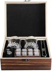 Lead Free Whiskey Glasses Set of 2, Crystal Bourboun Glasses with Whiskey Stone Includes State Coaster, Tong, Velvet Bag and Wooden Gift Box