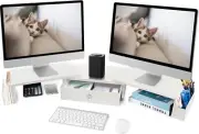 RUILALIFE Dual Monitor Stand Riser w/ Drawer & Metal Leg, Large White Computer