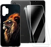 Lion Pattern Case Compatible with Samsung Galaxy A32 5G + [2 Pack] Screen Protector Tempered Glass, Shockproof Case Cover for Samsung Galaxy Jump 5G (6.5 inch)