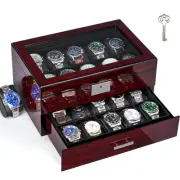 20 Slot Watch Box for Men and Women - 2-Tier Display Case With Large Glass Li...
