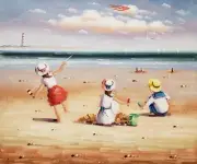 Kids on the Beach #3C-2, 20x24 - Hand Painted Oil Painting on Canvas